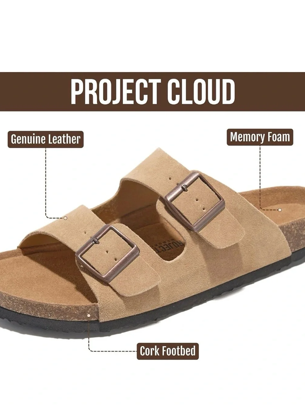 Project Cloud Arizona size 9 apricot Men's Two-Buckle Suede Slide Sandals